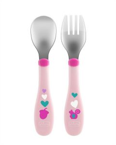 Cubiertos de acero inox rosa +18m Chicco